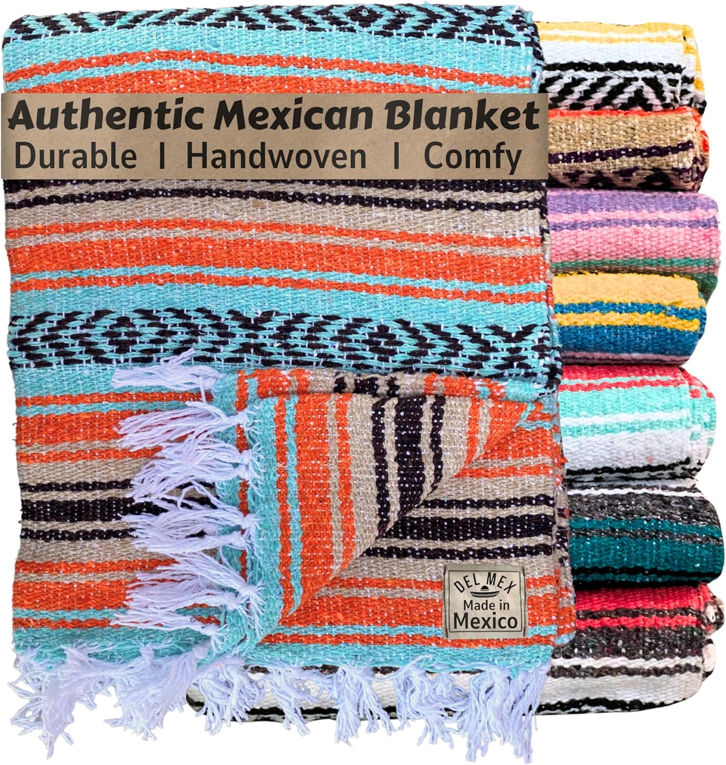 Del Mex Classic Mexican Blanket, Large Authentic Woven Falsa Throw (70"x50"), Artisan Southwest Décor for Beach, Yoga, Outdoors (Mint/Tan/Orange)