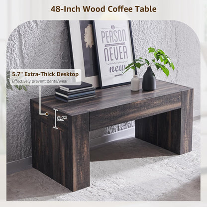 OKD 48" Modern Farmhouse Coffee Table, Wooden Living Room Table with Hidden Storage Drawer, Rustic Rectangular Center Tables w/Wood Thick Design for Living Room, Office, Dark Rustic Oak
