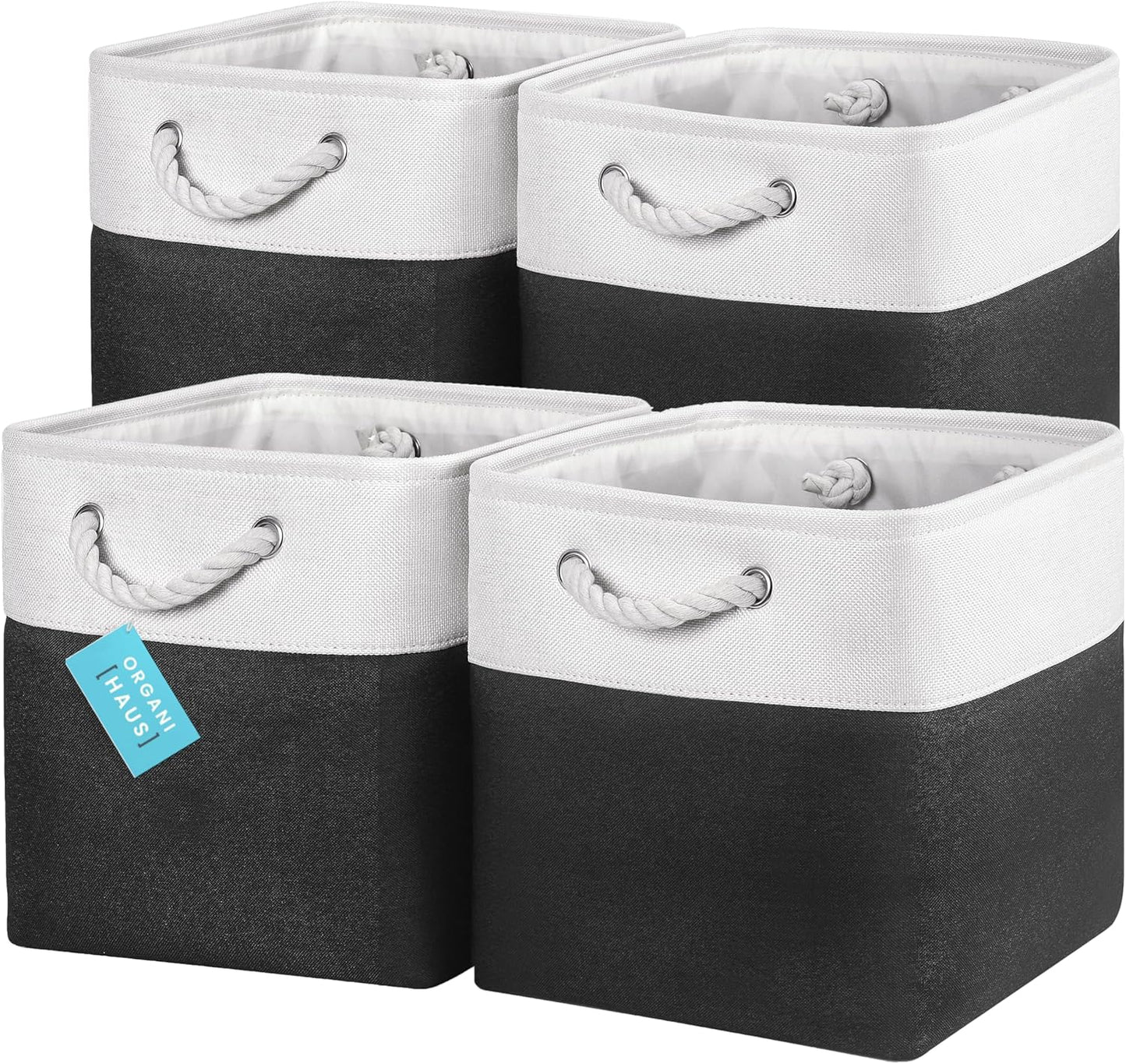OrganiHaus 12x12 Cube Storage Bins 4 Pack, Foldable Cube Storage Organizer w/ Rope Handles, Collapsible Fabric Bins for Toys, Clothes & Closet Organization, Fabric Square Baskets - Black/White