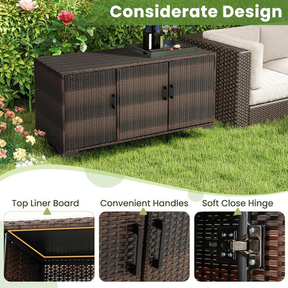 RELAX4LIFE 84-Gallon Outdoor Storage Box - Wicker Rattan 3-Door Patio Storage Cabinet Container w/Removable Shelves for Cushions, Garden Tools, Pool & Sports Equipment, Indoor Outdoor Deck Box (Brown)