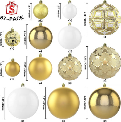87ct Christmas Ball Ornaments Set Shatterproof Seasonal Hanging Decorations with Reusable Hand-held Gift Package for Xmas Tree Holiday Party and Home Decor, Gold