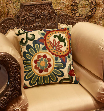 Daisy Floral Pillow Cover Teal Flower Pillowcase Flowery Outdoor Cushion Suzani Accent Pillowsham Flower Floral Chair Cushion Hand Embroidered Cushions Wool Size 18x18