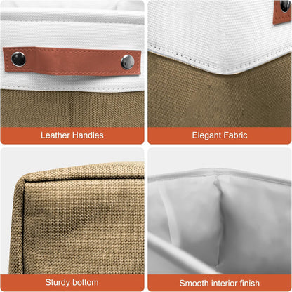 13in Open Fabric Storage Basket with Leather Handles for Organizing, Collapsible Linen Closet Bins for Shelves, Closets, Laundry, Decorative Basket for Gifts. (White＆Brown, 3PCS/13x13in)