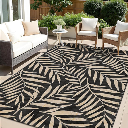 OLANLY Waterproof Outdoor Rug 5x8 ft, Reversible Outdoor Plastic Straw Rug with Leaf Pattern, RV Mat, Indoor Outdoor Carpet for Patio, Camping, Balcony, Deck, Backyard, Black & Beige