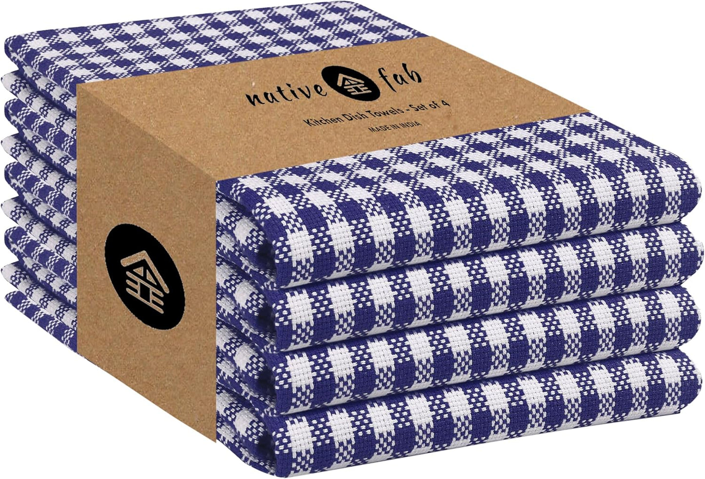 Native Fab Gingham Dish Towels 16x26 inches Set of 4 - Absorbent Washable Dishcloths, Dish Towels for Quick Drying Dishes, Kitchen Hand Towels with Hanging Loop, Blue White
