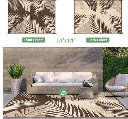 GENIMO Outdoor Rug 10' x 14' Waterproof for Patios Clearance, Reversible Outdoor Plastic Straw Camping Rug Carpet, Large Area Rugs Mats for RV, Camper, Deck, Balcony, Porch, Beach, Coffee&Beige