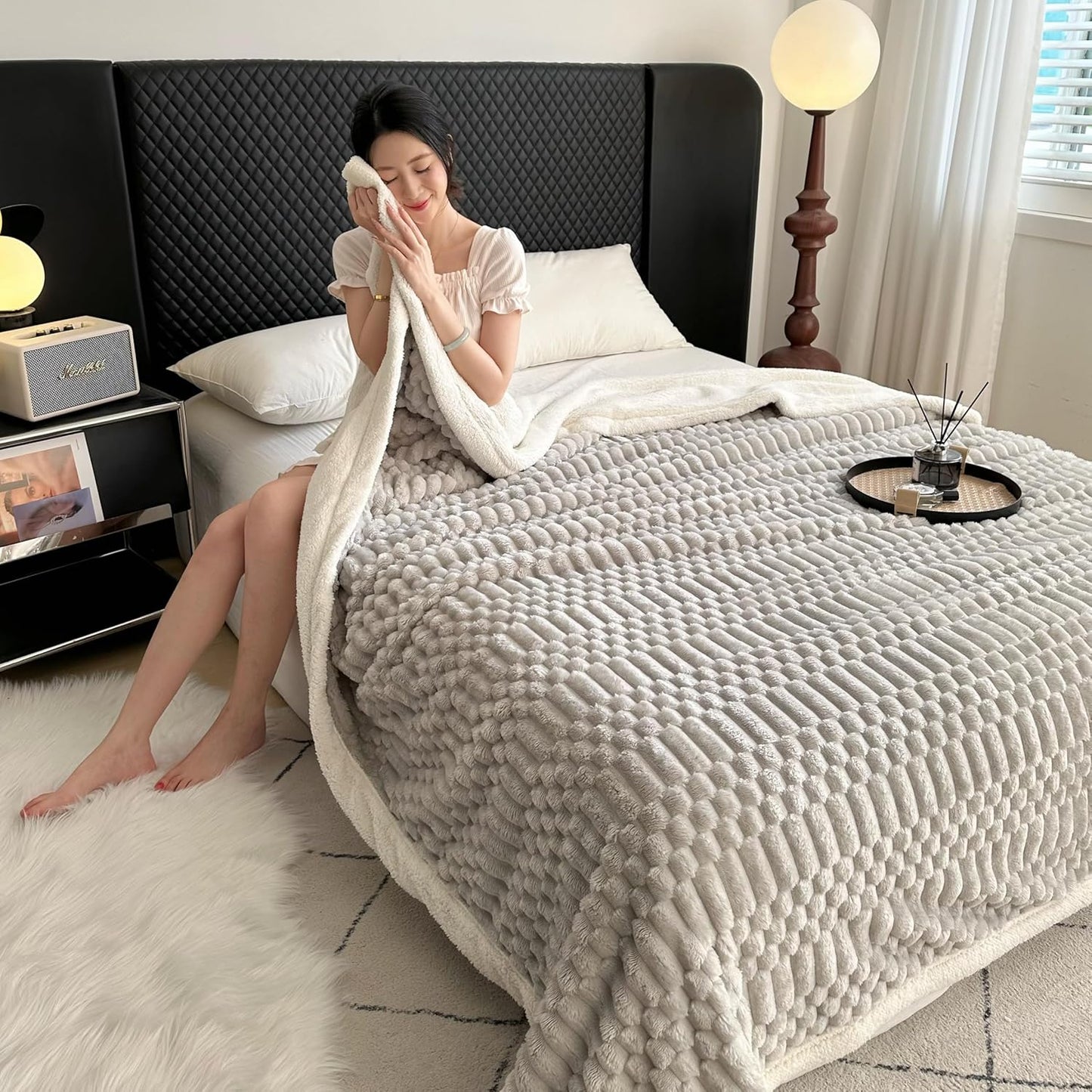 UKELER Sherpa Throw Blanket 60 × 80 inch, 470 GSM Striped Sherpa Fleece Blanket for All Season, Warm and Cozy Blankets for Couch Sofa Bed Office Camping, Silver Gray