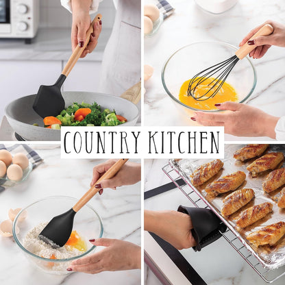 Country Kitchen Non Stick Silicone Utensil Set with Rounded Wood Handles for Cooking and Baking, 38 Piece Set, Black