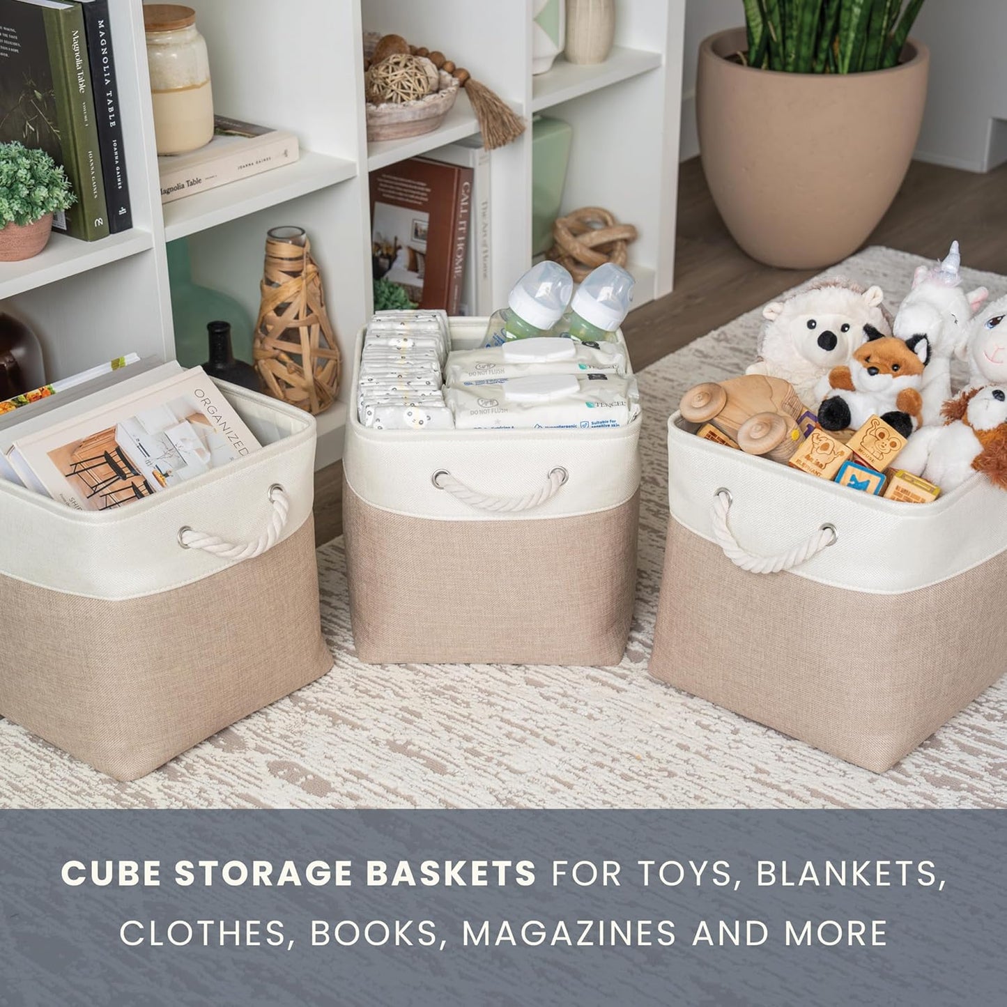 OrganiHaus 11x11 Cube Storage Bins 4 Pack, Foldable Cube Storage Organizer w/ Rope Handles, Collapsible Fabric Bins for Toys, Clothes & Closet Organization, Fabric Square Baskets - Beige/White