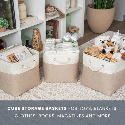 OrganiHaus 11x11 Cube Storage Bins 4 Pack, Foldable Cube Storage Organizer w/ Rope Handles, Collapsible Fabric Bins for Toys, Clothes & Closet Organization, Fabric Square Baskets - Beige/White