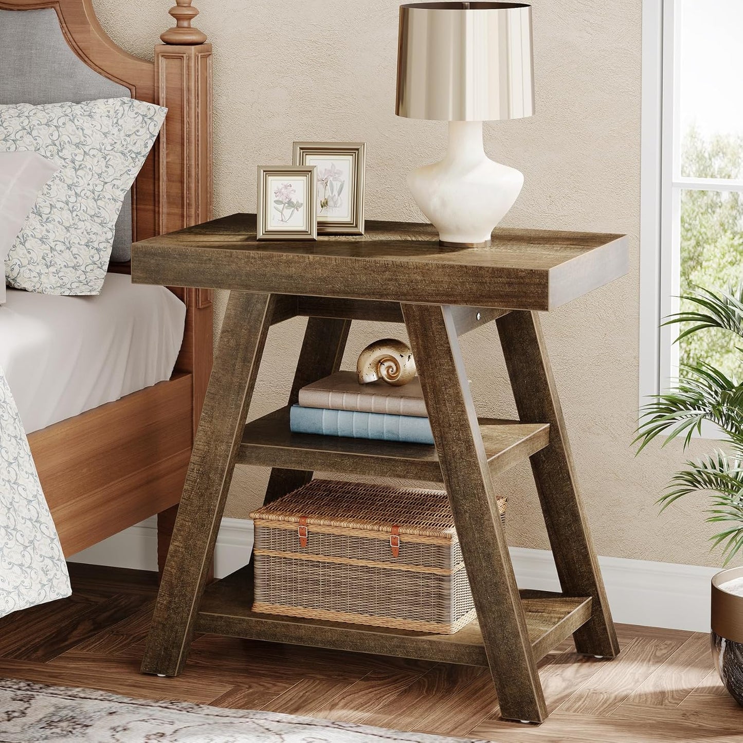 Tribesigns Small Wood End Table, 3-Tier Farmhouse Narrow Couch Side Table with Storage, Vintage Sofa Side Table for Living Room, Heavy-Duty Wooden Bedside Table for Bedroom, Small Spaces, Rustic Brown