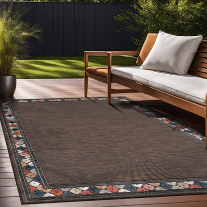Beverly Rug Outdoor Rug 9x12 Modern Bordered Large Area Rugs for Indoor and Outdoor Patio Easy to Clean Non Shedding Living Room Porch Garden Washable Outside Carpet (9 x 12 Brown)