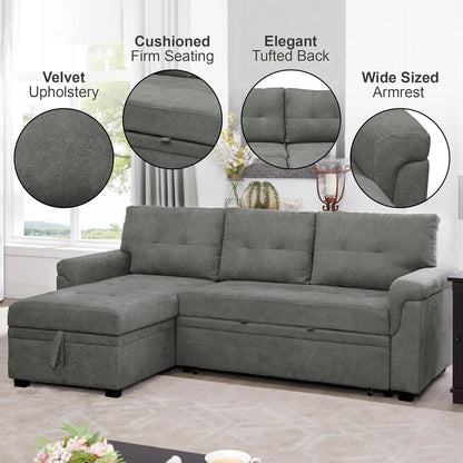 Naomi Home Transform Any Space: Sleeper Sectional Sofa with Convertible Sofa Bed & Inviting Chaise. Find Tranquil Comfort with Stress-Relieving Design & Durable Cushions - Gray/Velvet