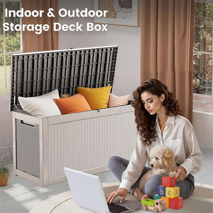 260 Gallon Storage Box, Waterproof Resin Deck Box with Steel Support & Hydraulic Rod, Lockable Storage Bench for Indoor & Outdoor Use, Storage Bin for Patio Cushions, Garden Tools, Grey