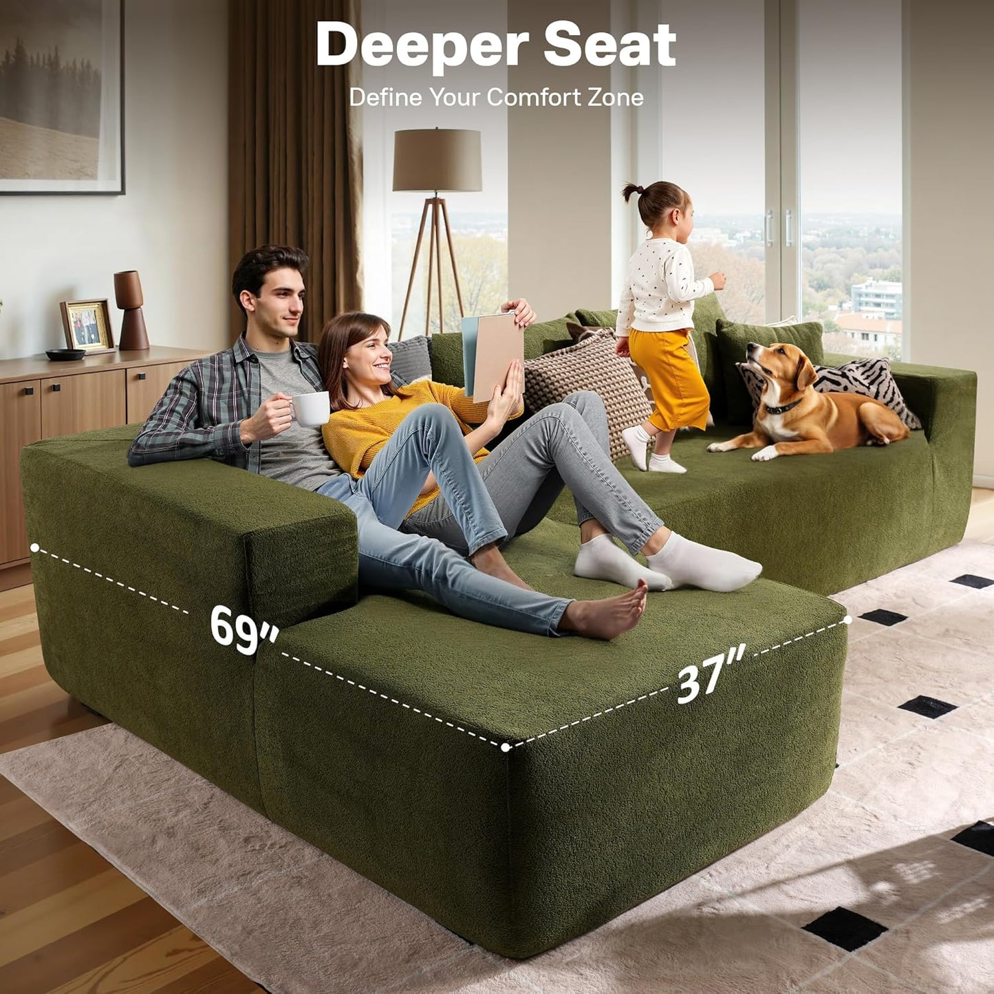 104" Cloud Sectional Couches for Living Room,L Shaped Boneless Couch in A Box,Sleeper Sofa with Comfy Chaise No Assembly Required,Green