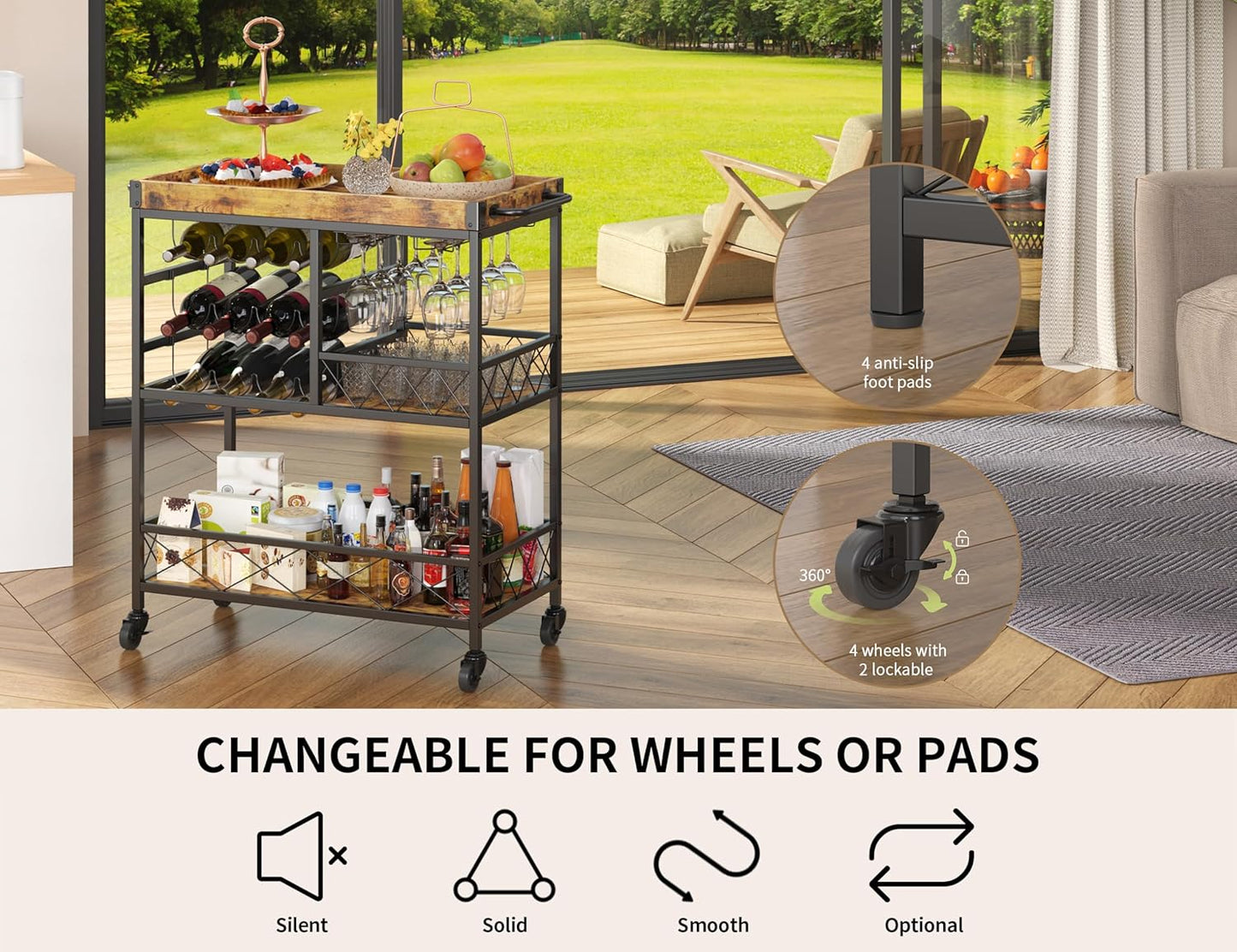 Gizoon Bar Cart, 3 Tier Coffee Cart with Lockable Wheels, 12-Bottle Wine Rack, and Hanging Glass Holder, Kitchen Rack with Removable Tray, for Kitchen, Dining Room, Entertaining, Club Party,Retro