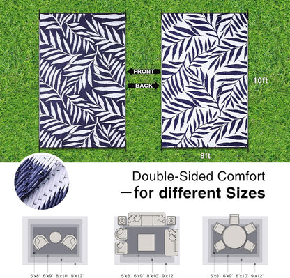OLANLY Waterproof Outdoor Rug 8x10 ft, Reversible Outdoor Plastic Straw Rug with Leaf Pattern, RV Mat, Indoor Outdoor Carpet for Patio, Camping, Balcony, Deck, Backyard, Navy & White