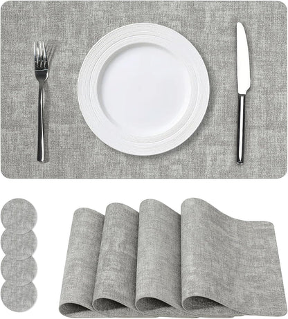 Vinyl Placemats Set of 4, Faux Leather Waterproof and Heat Resistant Place Mats, Washable Anti-Slip Table Mats with Coaster, Wipeable Placemats for Indoor & Outdoor 17" x 12" (Light Grey, Set of 4)