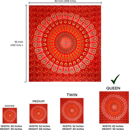 raajsee Red Tapestry Mandala Wall Hangings, Indian Cotton Beach Throw Blanket, Hippie Tapestries Boho Décor Bohemian Bedding,Queen Bedspread 210x220 cms cms Yoga Meditation Mat Rugs