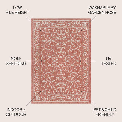 JONATHAN Y Vintage Filigree Indoor Outdoor Area Rug 6X9 Red/Beige, Charleston Textured Weave for Backyard, Patio, Porch, Easy-Cleaning, High Traffic, Pet-Friendly, Non-Shedding (SMB106B-6)