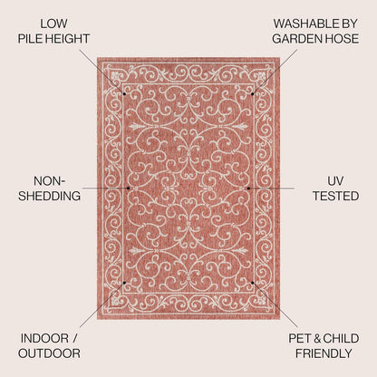 JONATHAN Y Vintage Filigree Indoor Outdoor Square Area Rug 8X8 Red/Beige, Charleston Textured Weave for Backyard, Patio, Porch, Easy-Cleaning, High Traffic, Pet-Friendly, Non-Shedding (SMB106B-8SQ)