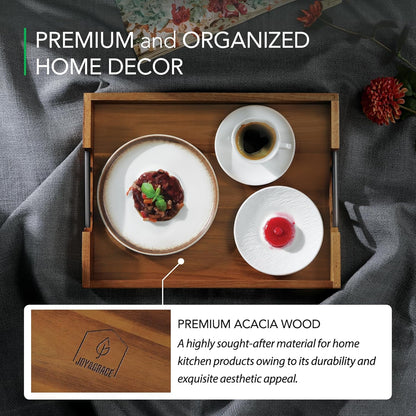 Joy&Grace Ottoman Tray for Living Room 16.7 x 12.8 inch Large Acacia Wooden Serving Tray with Handles for Coffee Table, Breakfast in Bed, Food Dinner, Decorative Rectangular Tray (Color Natural)