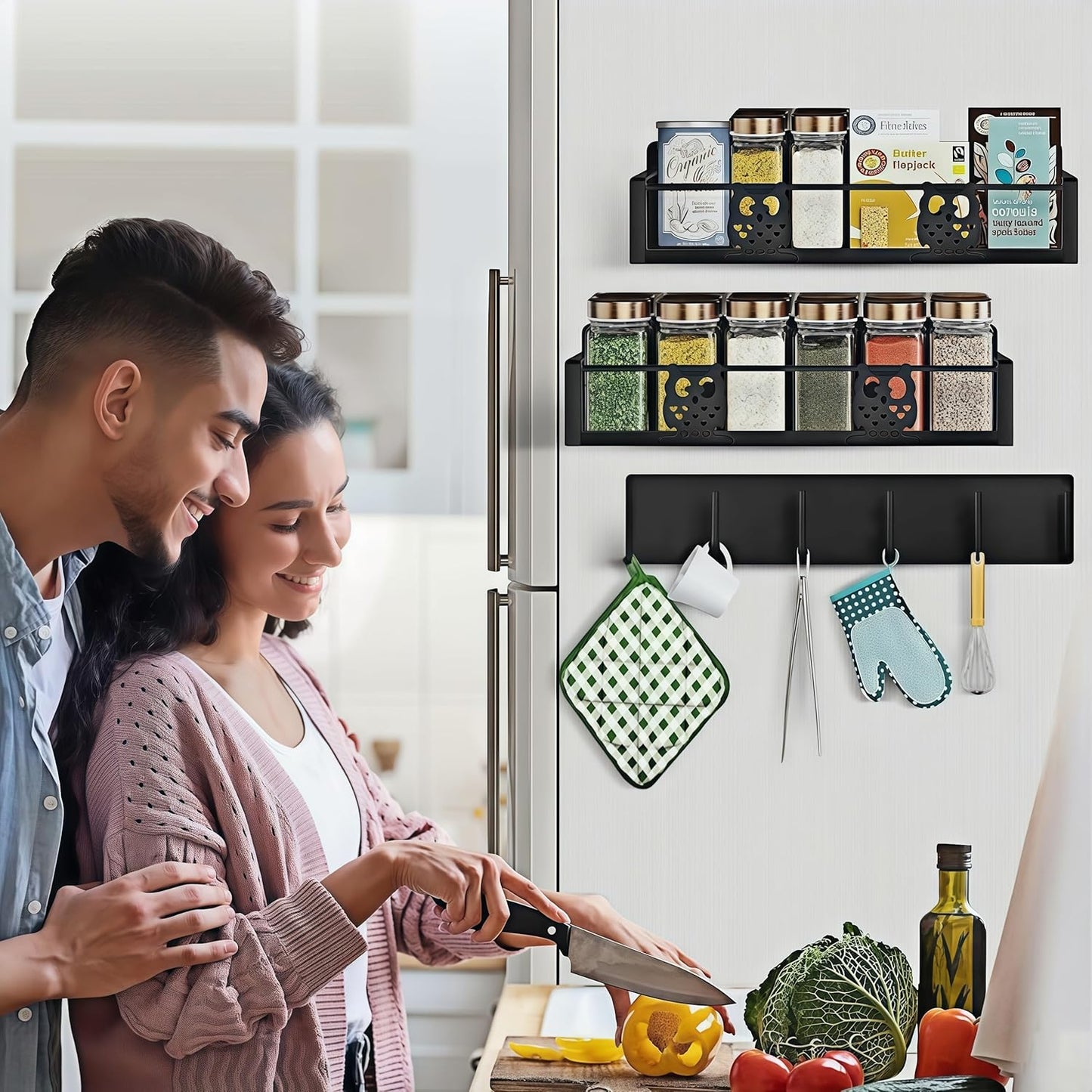 3 Pack Moveable No Drilling Heavy Magnet Spice Rack for Refrigerator Organizers and Storage,Space Saving Kitchen Organization with Magnetic Hooks,Owl Kitchen & Home Decor(Black)