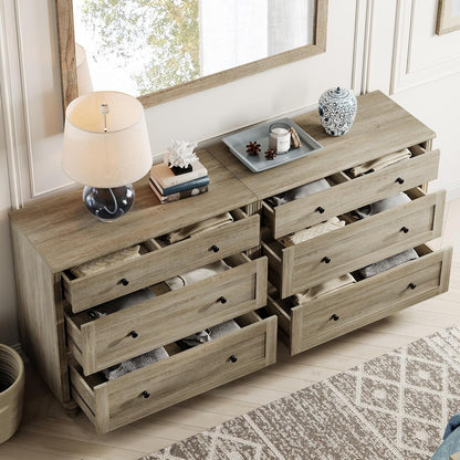 WAMPAT Kids Dresser for Bedroom with 6 Drawers, Rustic Oak Baby Dressers with Wide Chest of Drawers, Modern Wooden Closet Storage Organizer, Large Wood Dressers for Living Room, Nursery, Hallway