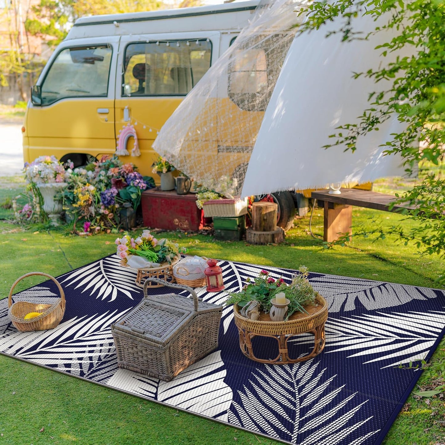 GENIMO Outdoor Rug 5' x 8' Waterproof for Patios Clearance, Reversible Outdoor Plastic Straw Camping Rug Carpet, Large Area Rugs Mats for RV, Picnic, Backyard, Deck, Balcony, Porch, Beach, Blue&White