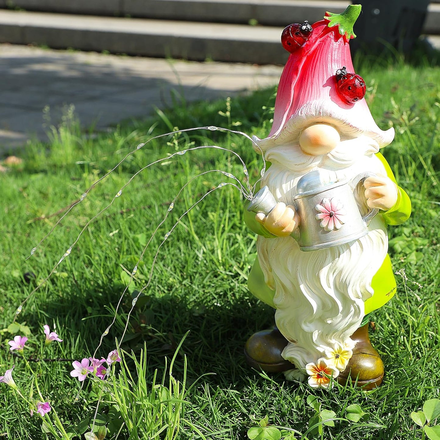 Joliyoou Solar Garden Statue Outdoor Decor, 10.2" H Resin Gnome with Watering Can & Solar Fairy Lights, Waterproof Standing Gnome Figurine for Lawn Yard Pathway Patio Front Door Decoration