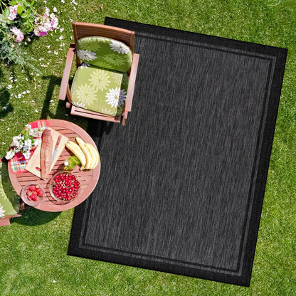 CAMILSON Indoor Outdoor Rug, 10x14 Bordered Dark Grey Black Modern Large Area Rugs for Indoor and Outdoor Patios, Kitchen and Hallway Mats, Washable Porch Deck Outside Carpet (Bordered Black, 10 x 14)