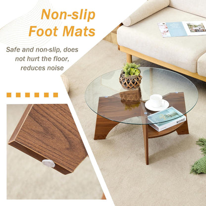 31.5" Round Glass Coffee Table with Tempered Glass Top and MDF Base, Diagonal Fan-Shaped Tray Design Table Leg Simple & Modern Center Table for Living Room Office Apartment Walnut