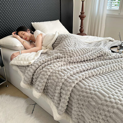 UKELER Sherpa Bed Blanket 80 × 90 inch, Ultra Soft Queen Size Throw Blanket for All Season, 470 GSM Cozy Plush Striped Fleece Blankets for Bedroom Living Room Dorm Hostel Sofa Camping, Silver Gray