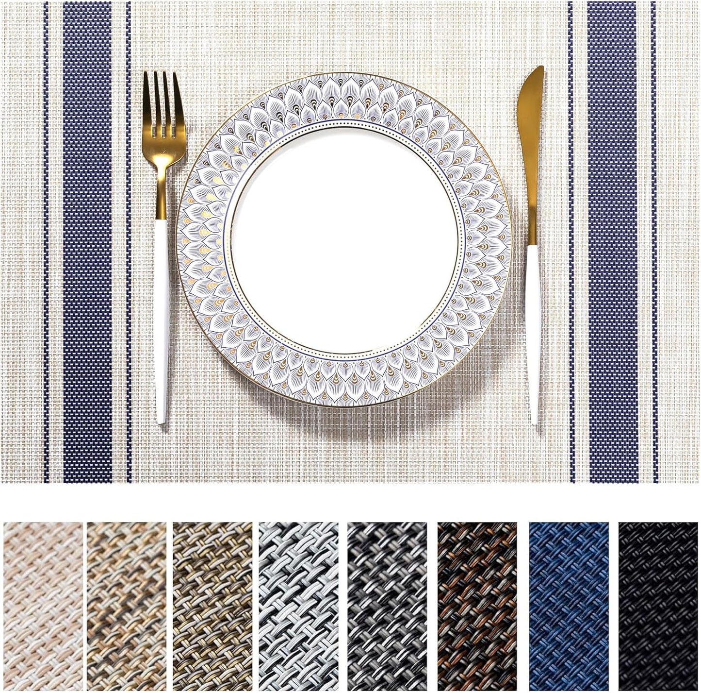 LEXMORE Placemats Set of 8 Vinyl/Plastic Woven Place Mats for Kitchen Table Indoor/Outdoor Washable Placemat Wipeable Dining Table Mats(Blue Skyline)