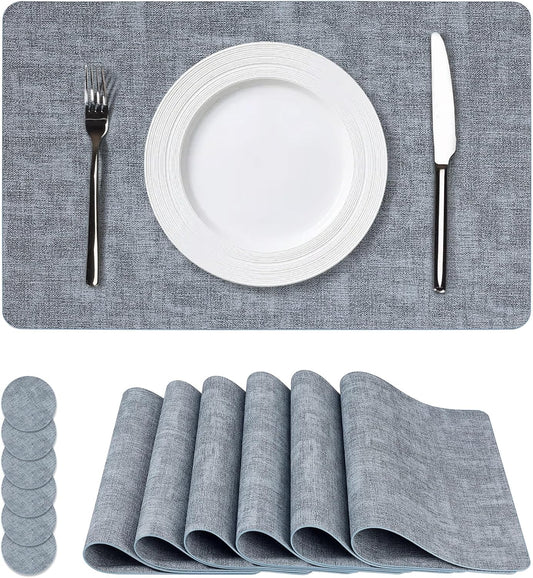 Vinyl Placemats Set of 6, Faux Leather Waterproof and Heat Resistant Place Mats, Washable Anti-Slip Table Mats with Coaster, Wipeable Placemats for Indoor & Outdoor 17" x 12" (Light Blue, Set of 6)
