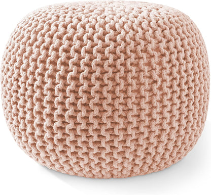 Casafield Round Pouf Ottoman, Light Pink - 20" Diameter x 14.5" High Cotton Knit Foot Stool - Boho Floor Pouffe for Living Room, Bedroom, Home Office
