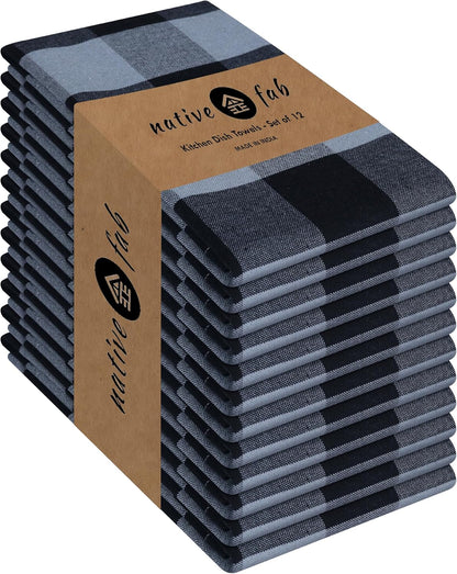 Native Fab 12 Pack Buffalo Check Kitchen Dish Towels, Cotton, Durable, Washable 16"x26" - Tea Towels, Soft Absorbent Cleaning Towel, Hand Towels with Hanging Loop - Black, Grey