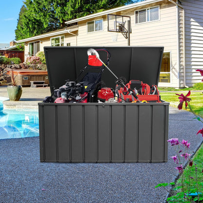 Domi 150 Gallon Deck Box, Outdoor Metal Lockable Storage Cabinet, Waterproof Steel Outdoor Bench with Lockable Lid, Side Handles & Rolling Casters for Outside Cushions, Pillows, Garden Tools, Grey