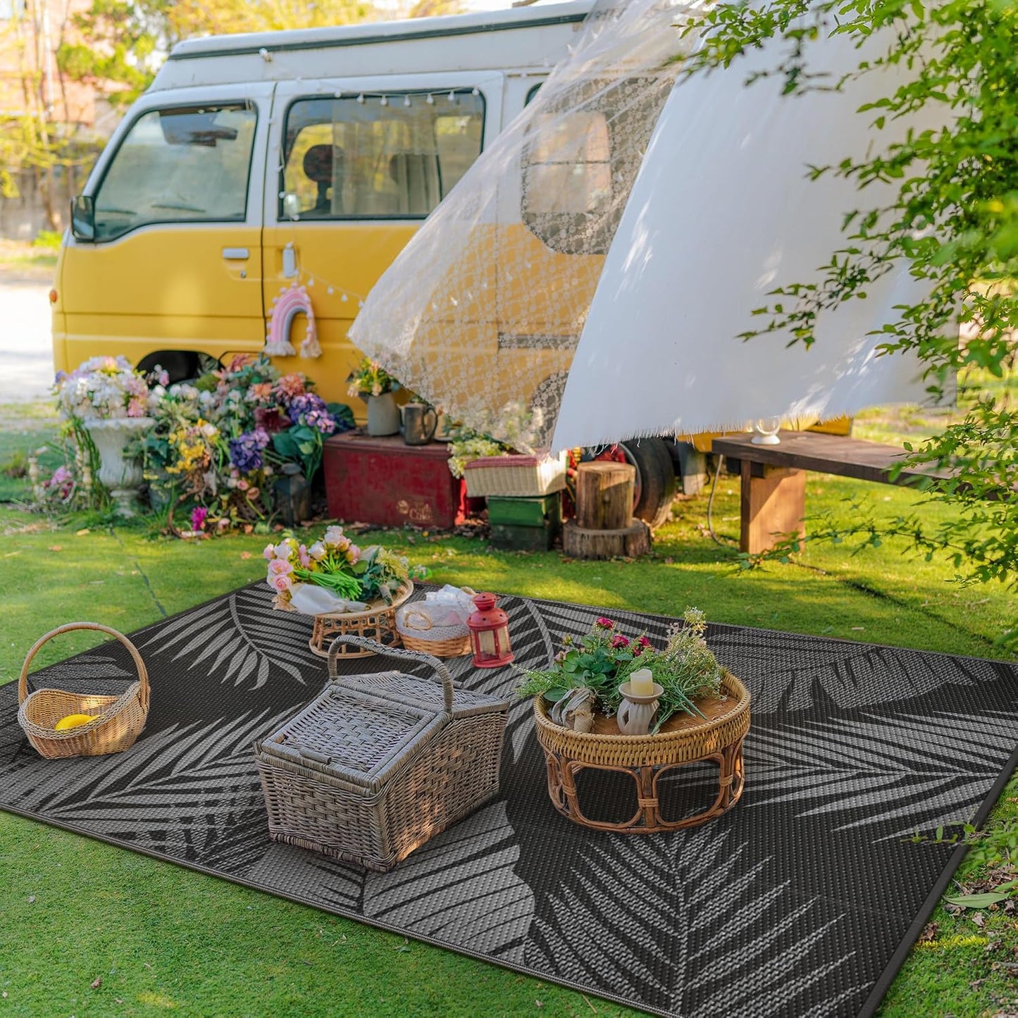 GENIMO Outdoor Rug 6' x 9' Waterproof for Patios Clearance, Reversible Outdoor Plastic Straw Camping Rug Carpet, Large Area Rugs Mats for RV, Camper, Deck, Balcony, Porch, Beach, Picnic, Black&Grey