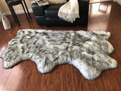 LAMBZY Faux Sheepskin Hypoallergenic Free Shape Silky Shag Rug, Luxury Shaggy Silky Plush Carpet for Bedrooms Rugs Living Room Sofa Floor (Triple Side by Side 3'x6', White with Black Tips)