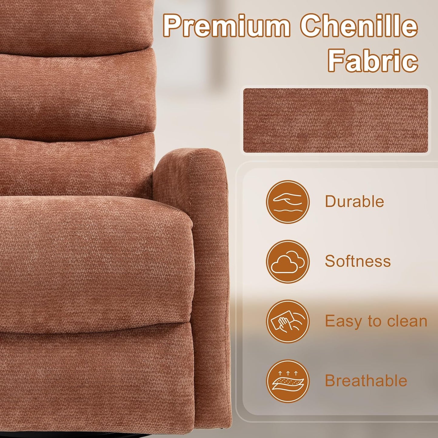 Manual Swivel Rocker Recliner Chair for Adults, Overstuffed Reclining Glider Chair for Nursing with Vibration Massage & Heat, Living Room Rocking Recliner 3-Stage backrest, Chenille Fabric Orange