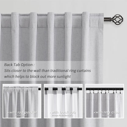 Light Grey Linen Blackout Curtains 63 Inches Long 2 Panels Set Back Tab Rod Pocket 100% Black Out Room Darkening Window Curtains Noise Reducing Gray Linen Textured Modern Heat Blocking Drapes 52x63