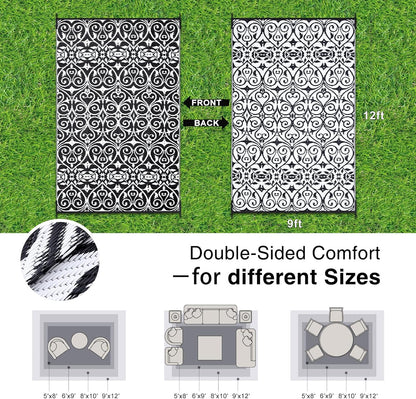 OLANLY Outdoor Rug Waterproof 9x12 ft Clearance, Reversible Outdoor Plastic Straw Rug with Floral Pattern, RV Mat for Patio, Camping, Balcony, Deck, Backyard, Black & White