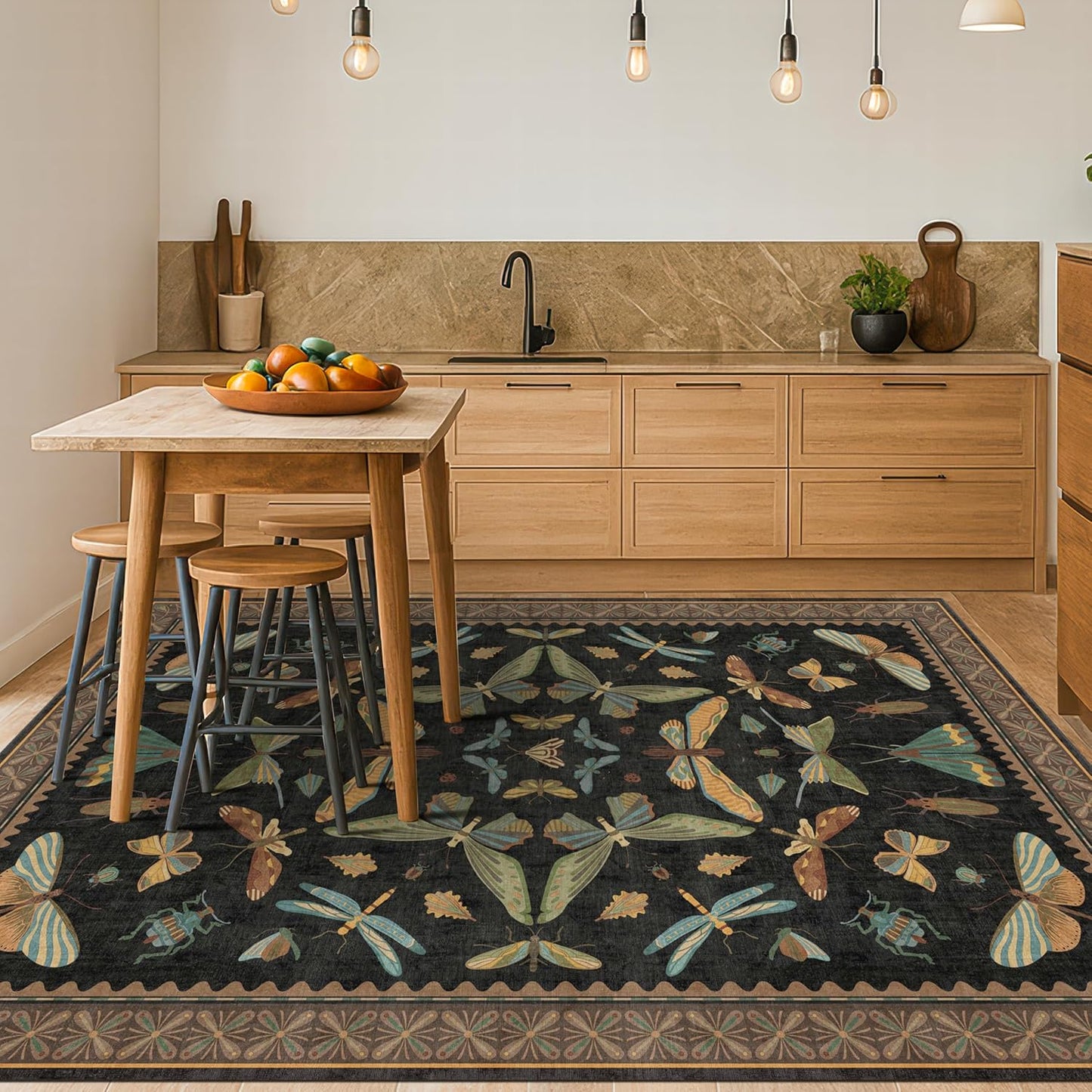 Living Room Rug Black Boho 6x9 - Dining Room Rugs for Under Table, Bedroom, Insect Bug Eclectic Home Décor, Washable Non Slip Foldable