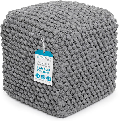 BIRDROCK HOME Buds Pouf Foot Stool Ottoman - Knit Bean Bag Floor Chair - Cotton Braided Cord - Great for The Living Room, Bedroom and Kids Room - Small Furniture (Grey - Buds)