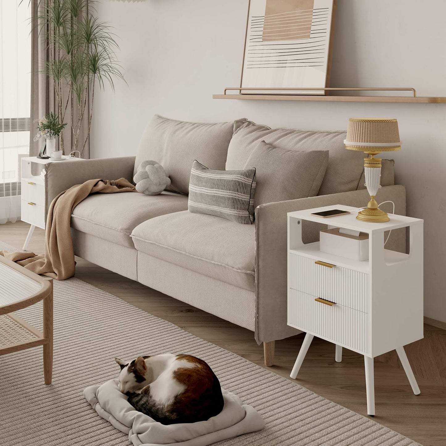 White Nightstand with Charging Station and LED Lights,Modern Bedside Table with 2 Storage Drawer and Open Wood Shelf, for Bedroom and Small Spaces,Night Stand with Solid Wood Legs,White