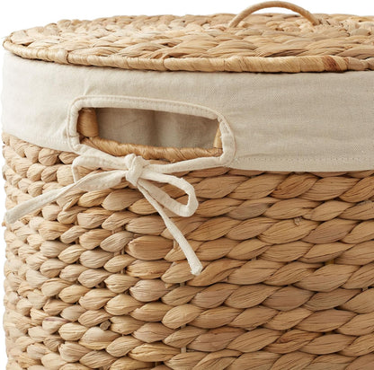Casafield Round Laundry Hamper with Lid and Removable Liner Bag - Natural, Woven Water Hyacinth Wicker Laundry Basket for Clothes and Towels