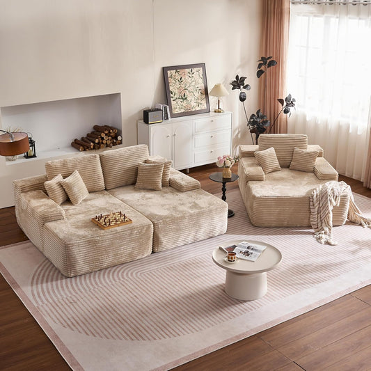 HOOOWOOO Cloud Sectional Couches for Living Room,Modular Sectional Sofa No Assembly,Plush Corduroy Large Floor Couch Furniture Set with Deep Seat Double Chaise and Singlar Lounge(Beige)