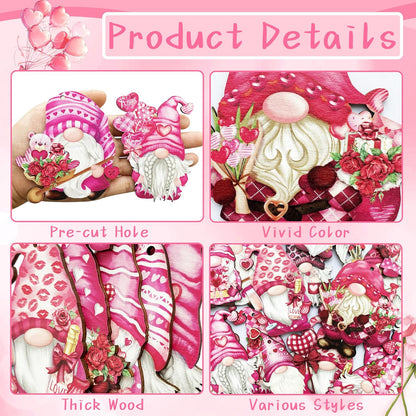 Valentine Wooden Hanging Ornaments, Wood Decor for Tree Decoration, Santa Doll Craft, Gnome Elf Party Supplies (Valentine-Gnomes-A)
