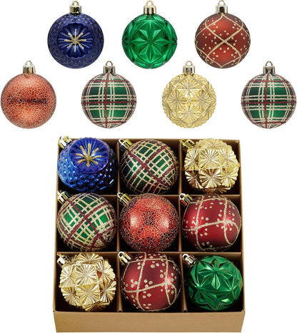 Valery Madelyn Ornaments for Christmas Trees, 9ct 2.36 Inches Red Green and Gold Shatterproof Christmas Tree Decorations, Luxury Hanging Ball Ornaments for Xmas Holiday Party Decor